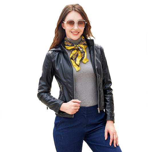 Women's Leather Detachable Hat Zipper Fleece-lined European Jackets