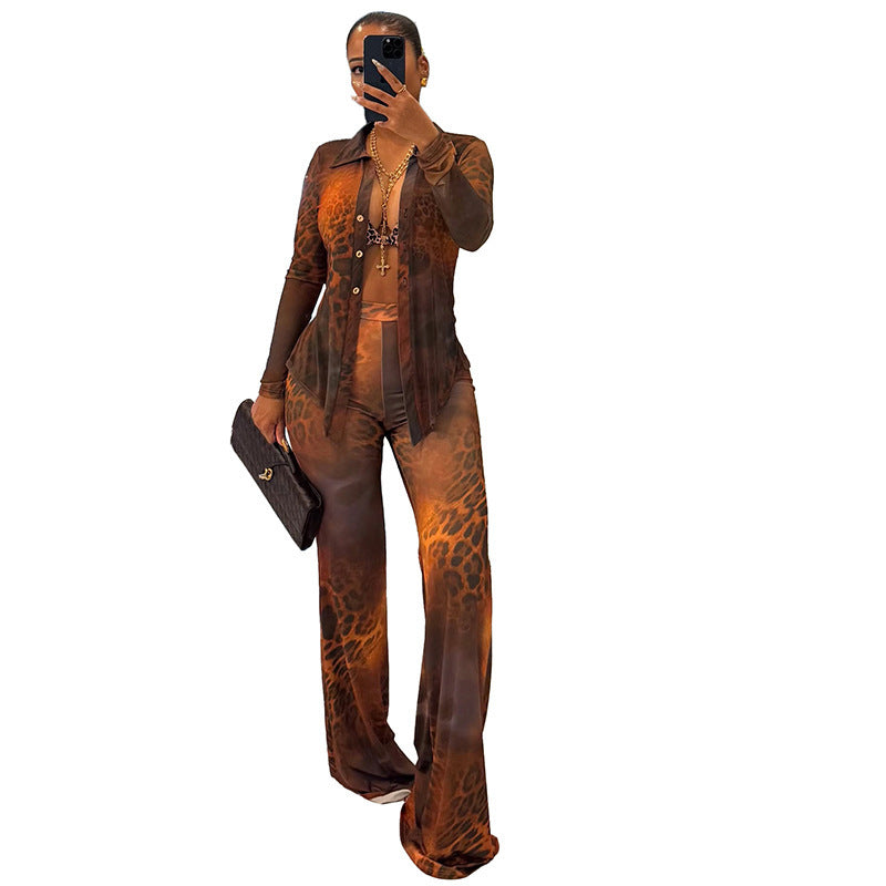 Women's Printed Mesh Lapel Long Sleeve Button Flared Cardigans