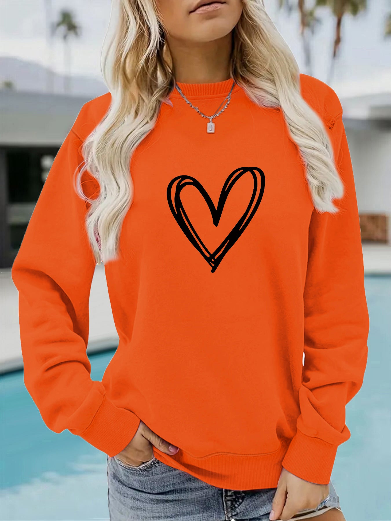 Women's Casual Long-sleeved Round Neck Heart Shape Printed Women's Sweater, Sweater