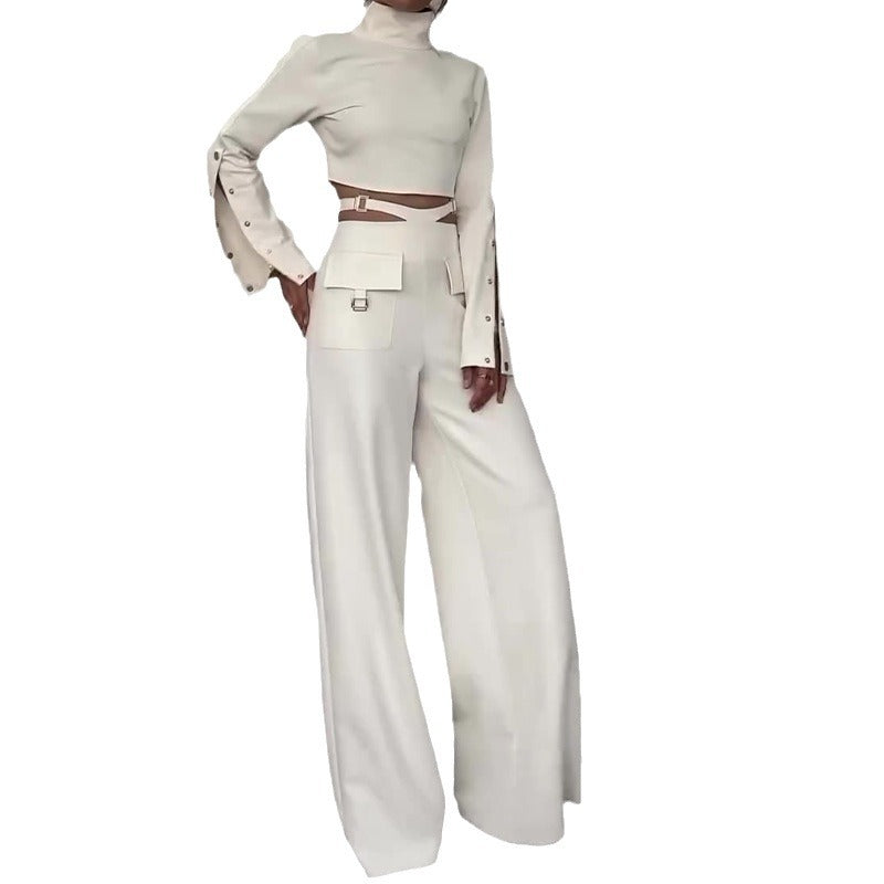 Women's Autumn Turtleneck Solid Color Navel Sweet Spicy Style Loose Suits