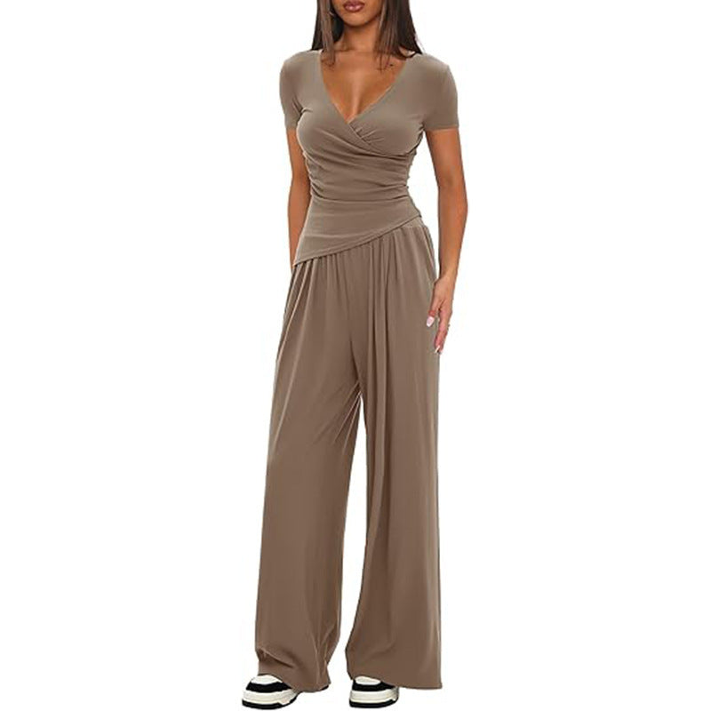 Solid Color Warp Knitted Short-sleeved Matching Fashion Casual Suit