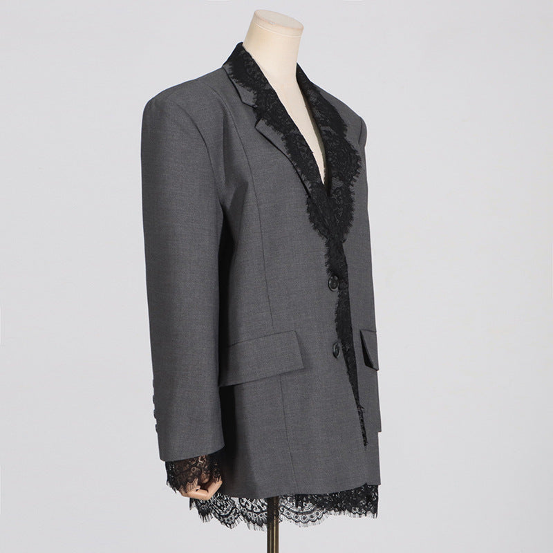 Women's Fashionable Spring Lace Stitching Design Long Blazers