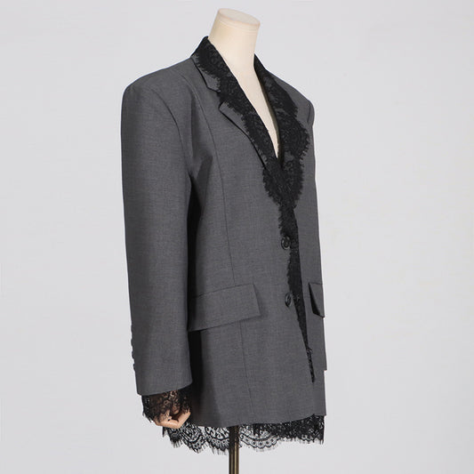 Women's Fashionable Spring Lace Stitching Design Long Blazers