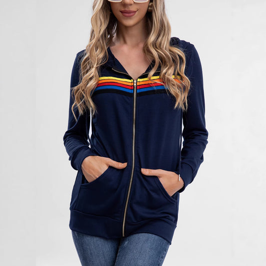 Women's Rainbow Striped Hooded Zipper Sweatshirt Loose Coats