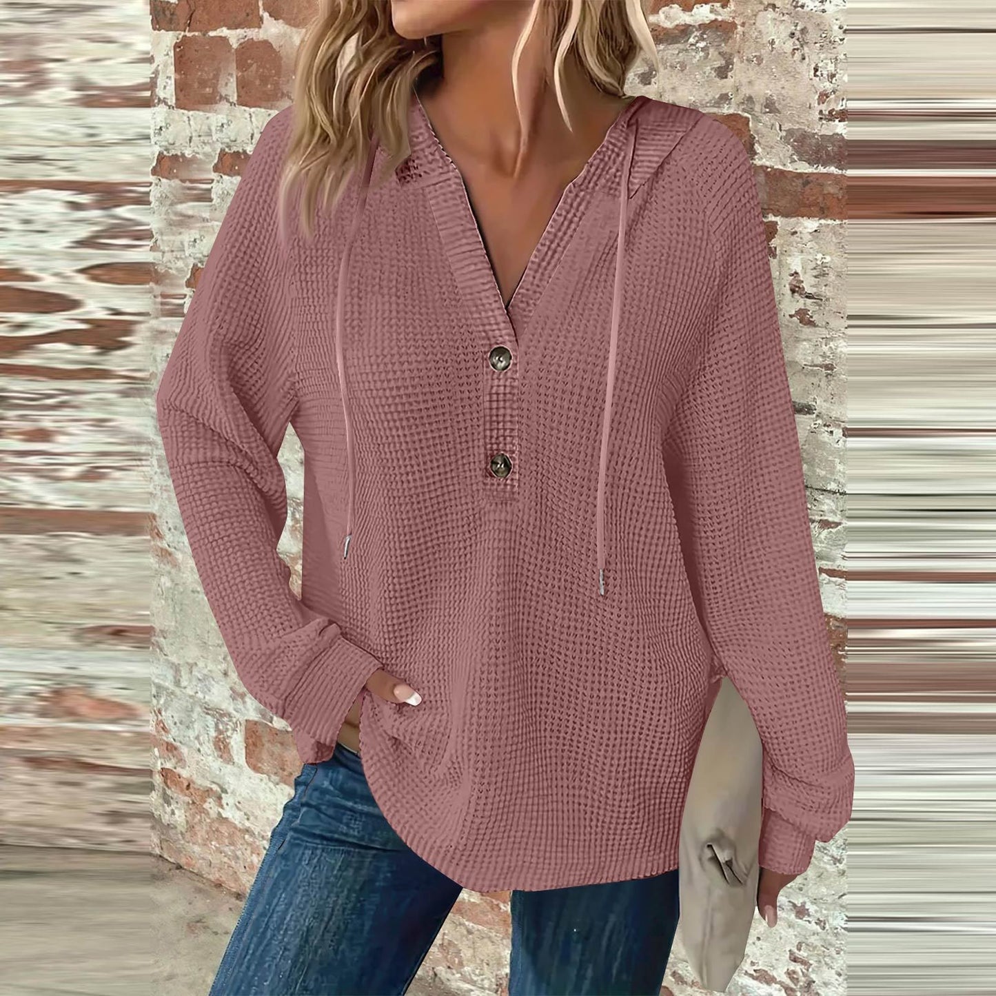 Women's Hoodie Waffle Knit Drawstring Button Long Sleeve Pullover Leisure Sweaters