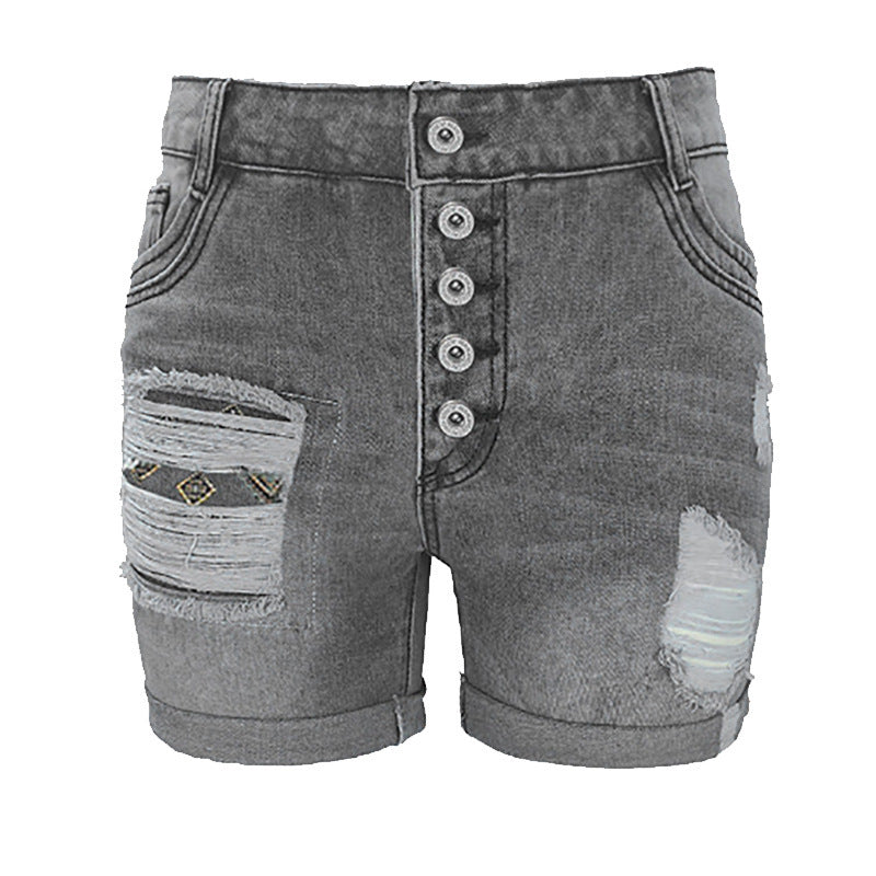 Women's Denim With Hole Curling Stretch Capri Shorts