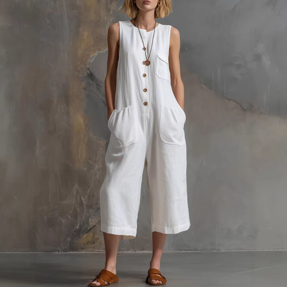 Casual Retro Sleeveless White Wide Leg Women's Jumpsuit/clothing