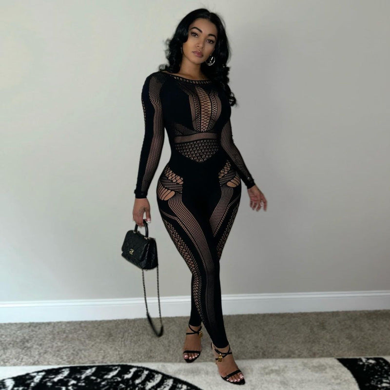 Women's Autumn Nylon One-piece Knitted Hollow Slim Women's Jumpsuit/clothing
