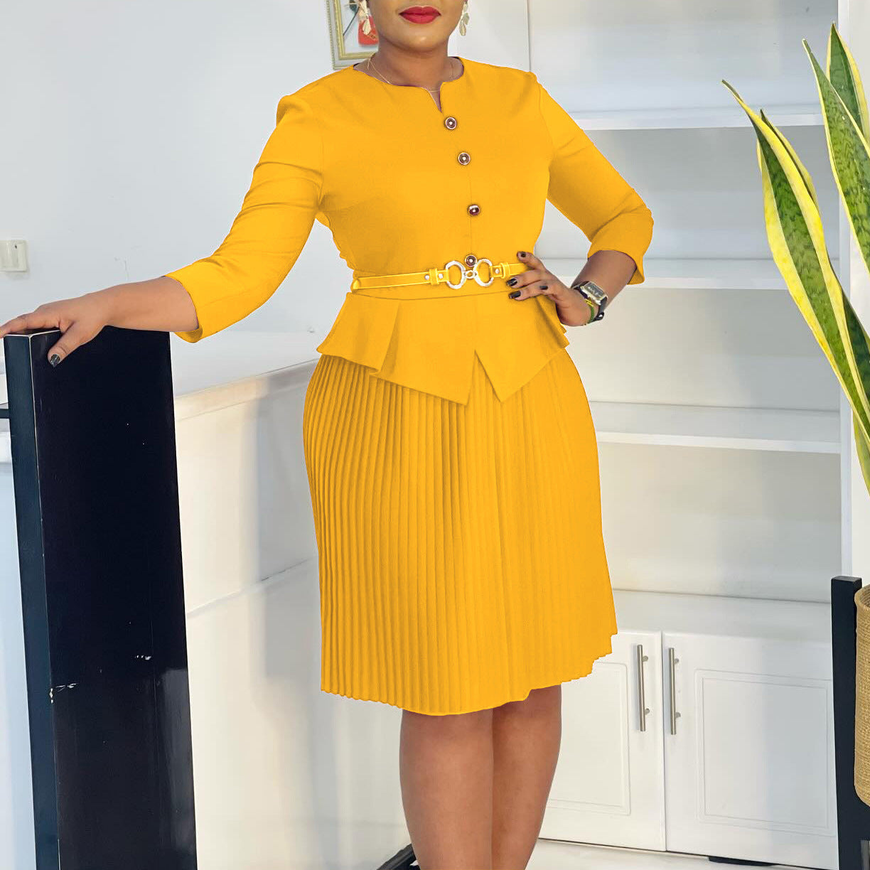 Women's Three-quarter Sleeve Fashionable Elegant Pleated Dress