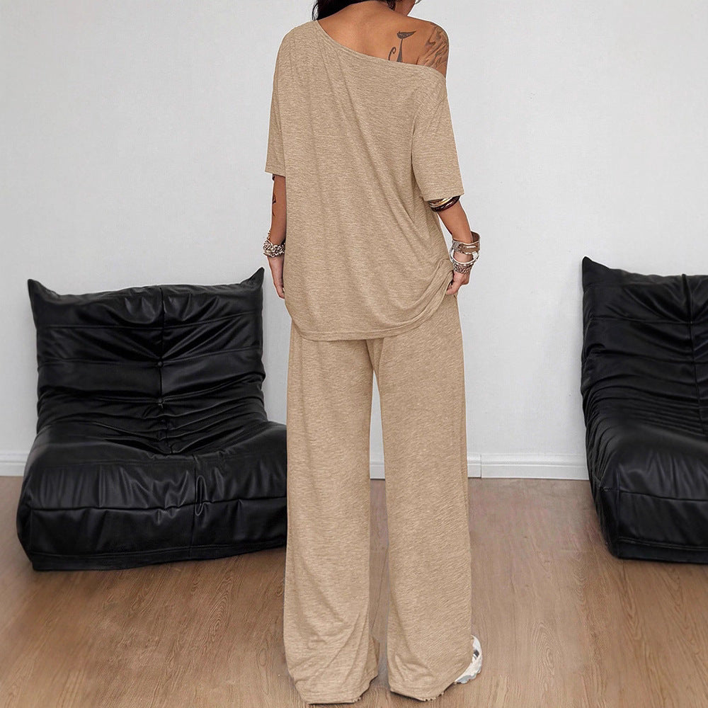 Women's Diagonal Collar Solid Color Sports Two-piece Loose Fashion Casual Suit