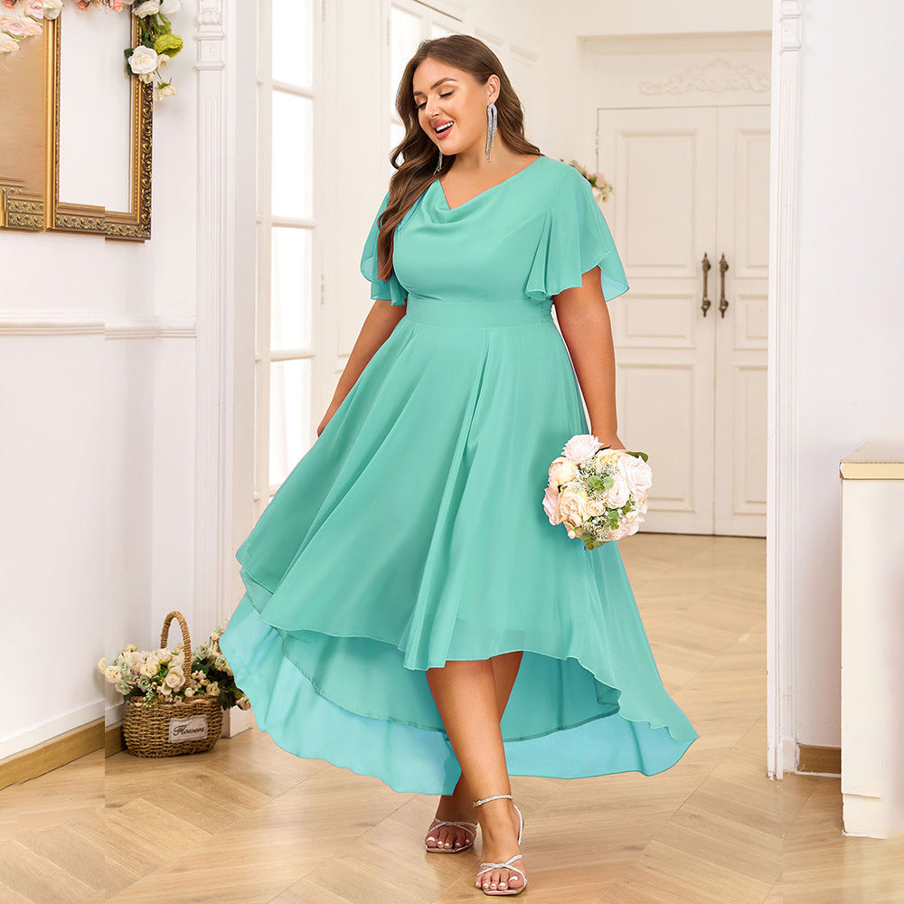 Lotus Leaf Sleeve Back Width Olive Front Long Chiffon Dresses