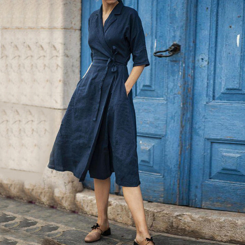 Linen Half Sleeve Turn-down Collar Large Swing Solid Dress