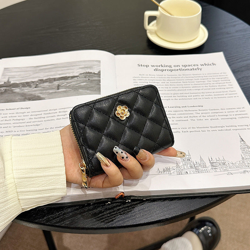 Camellia Rhombus Female Simple Zipper Driving License Card Holder