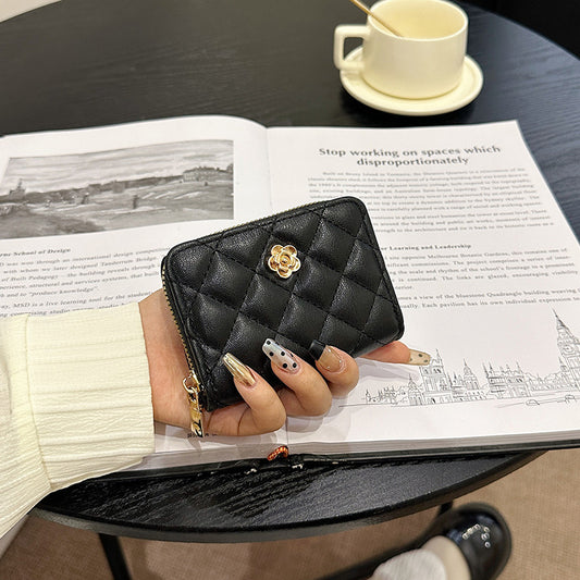 Camellia Rhombus Female Simple Zipper Driving License Card Holder