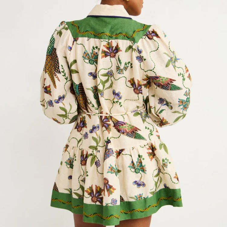 Single-breasted Long Lantern Sleeve Iti Printing Dress