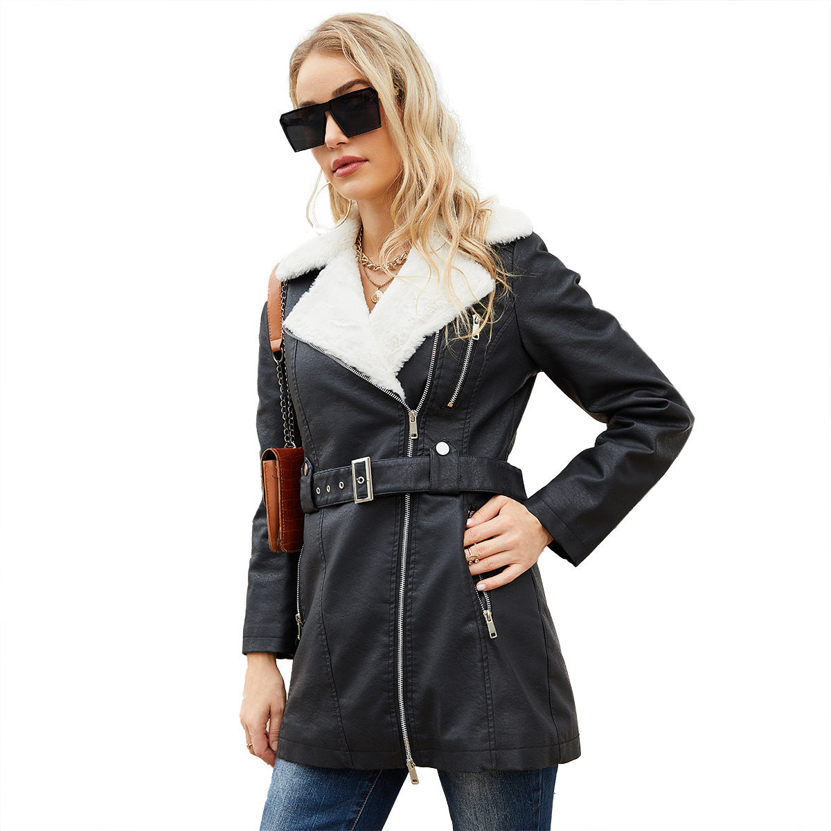 Women's Long Sleeve Fleece Leather Lapel Double-headed Zipper Jackets