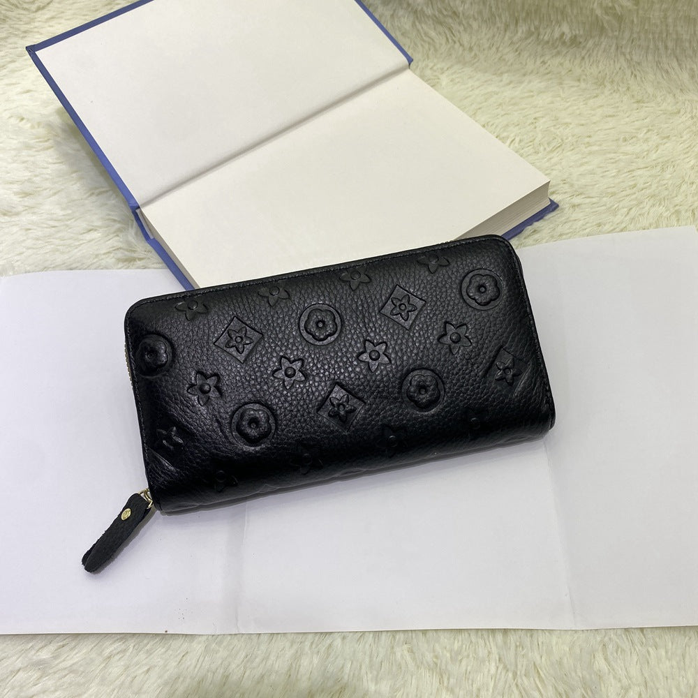 Women's Long Classic Embossed Top Layer Cattlehide Leather Ladies Wallets
