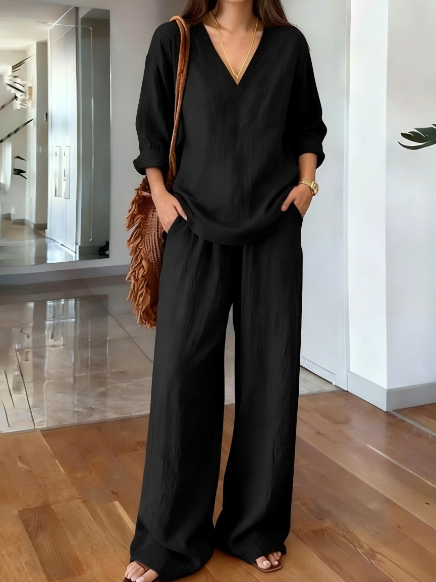 Women's Pullover Long Sleeve Washed Cotton Summer Fashion Casual Suit