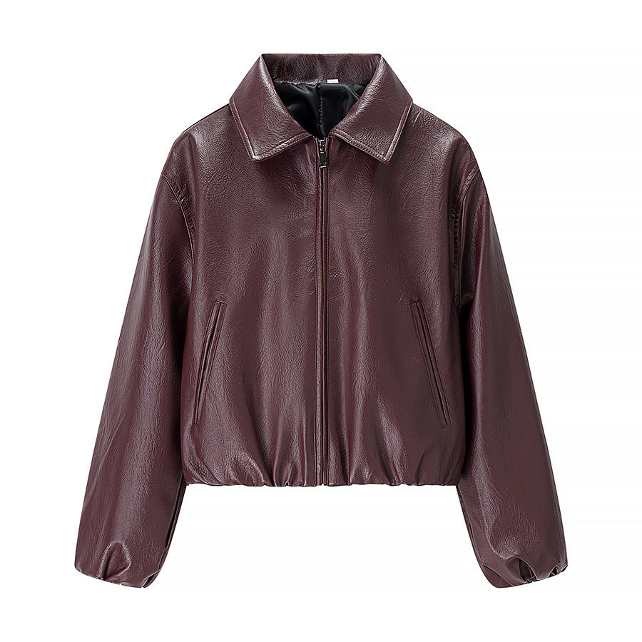 Women's Fashion Loose Lapel Long Sleeves Leather Coats