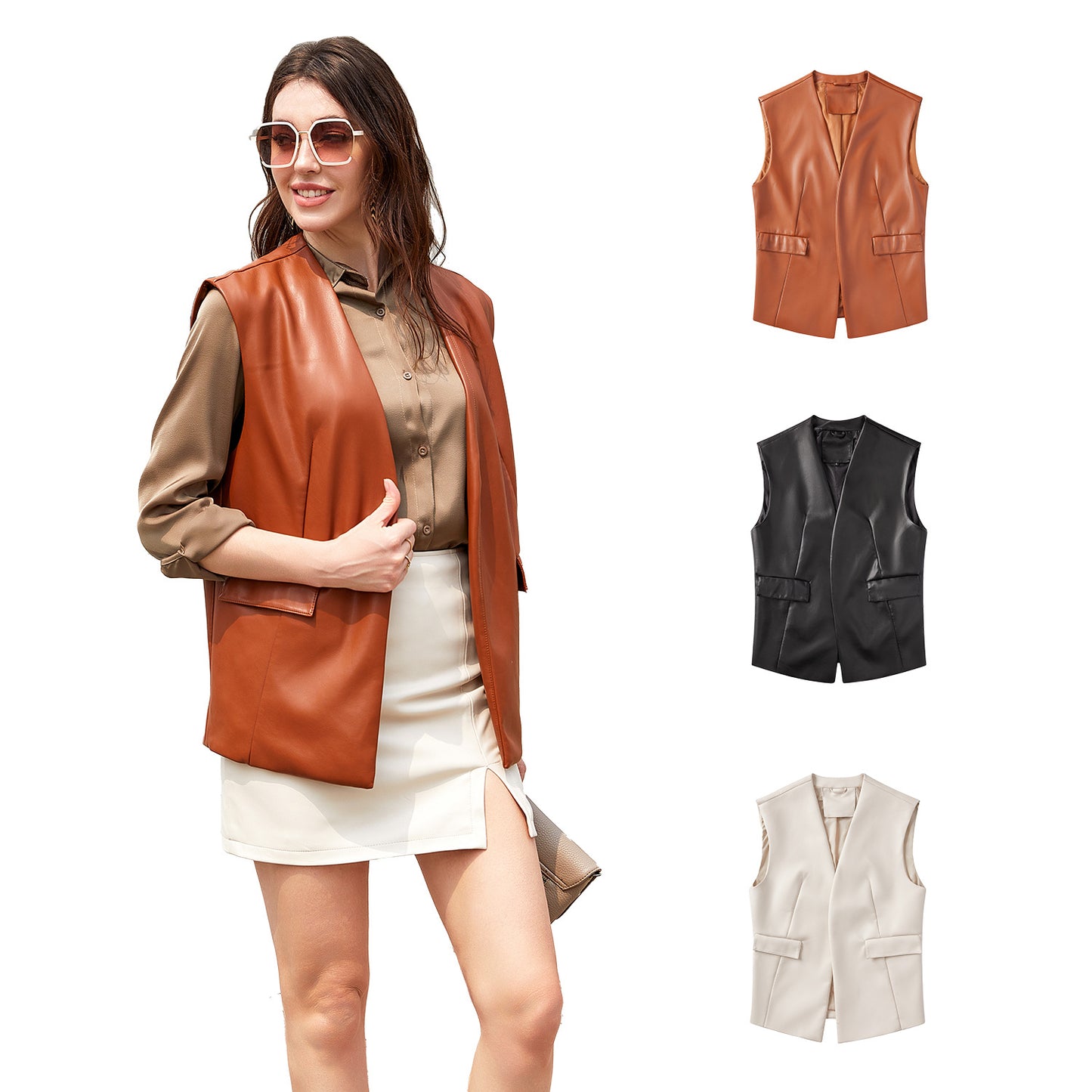 Women's Popular Sleeveless Leather Waistcoat Loose Vests