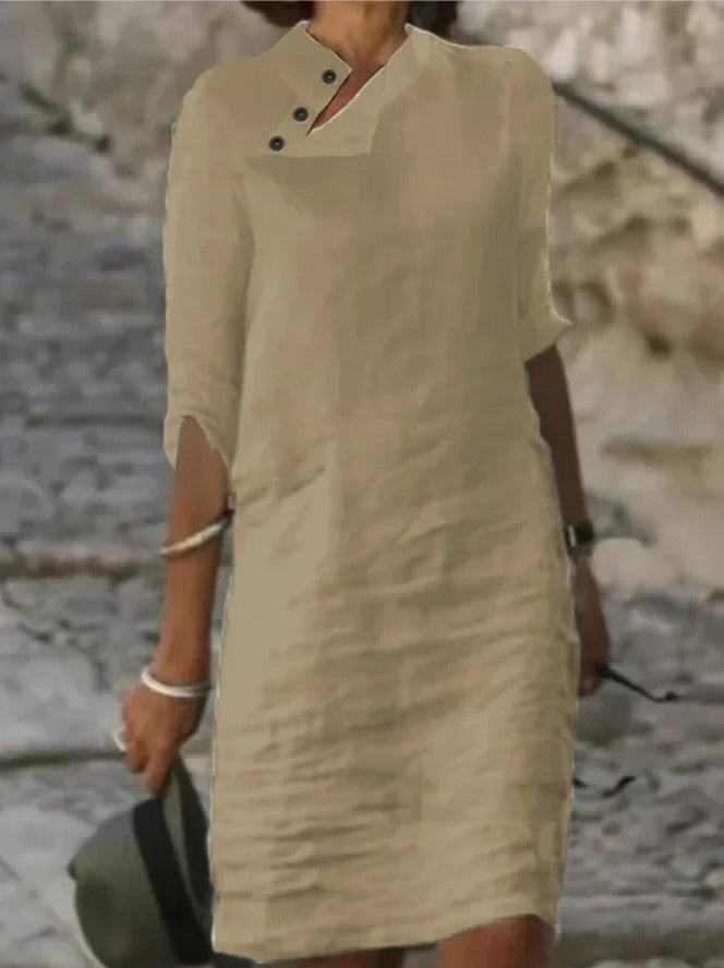 Casual Stand Collar Button Cotton Linen Solid Dress