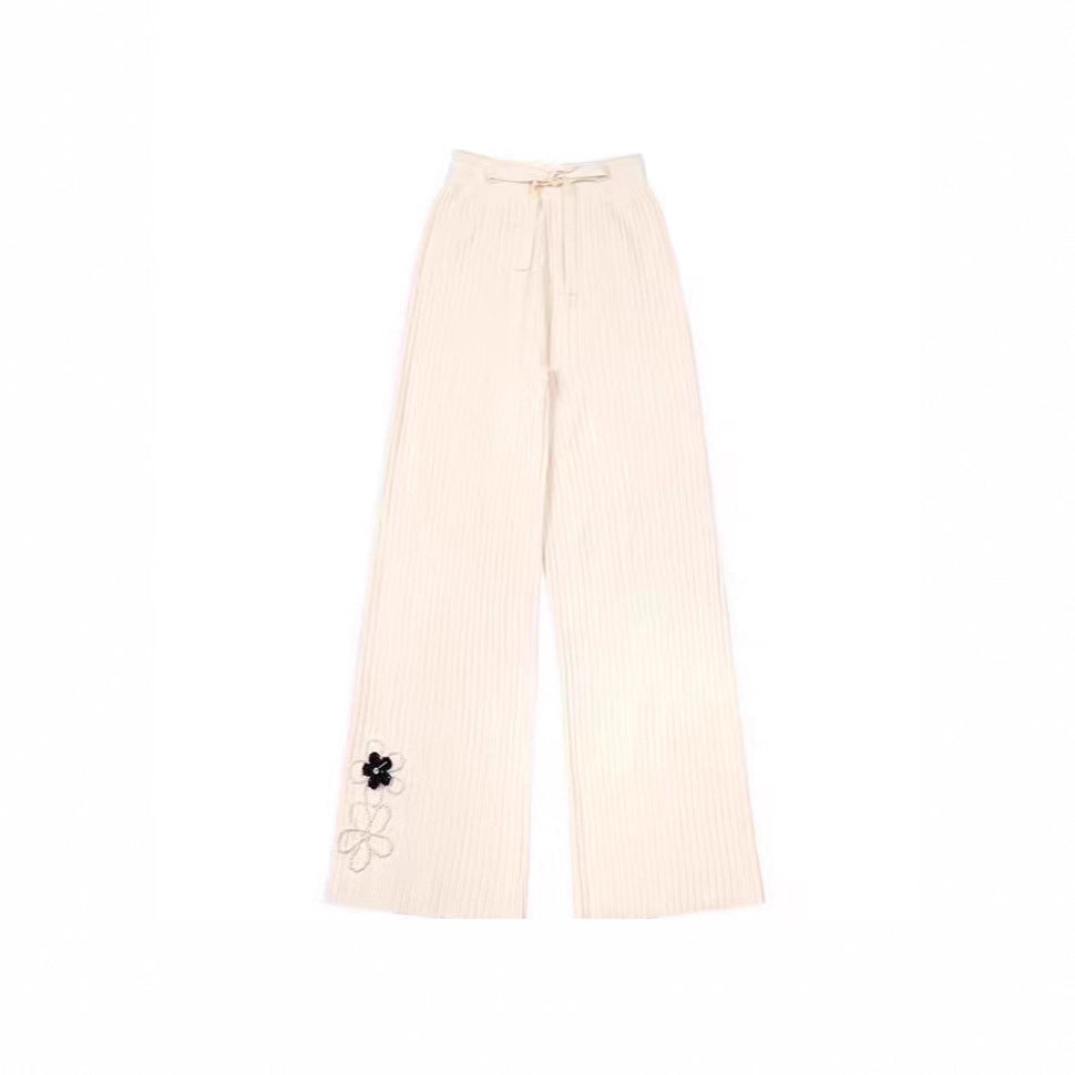 Women's Beige Autumn Design Pearl Flower Straight Pants