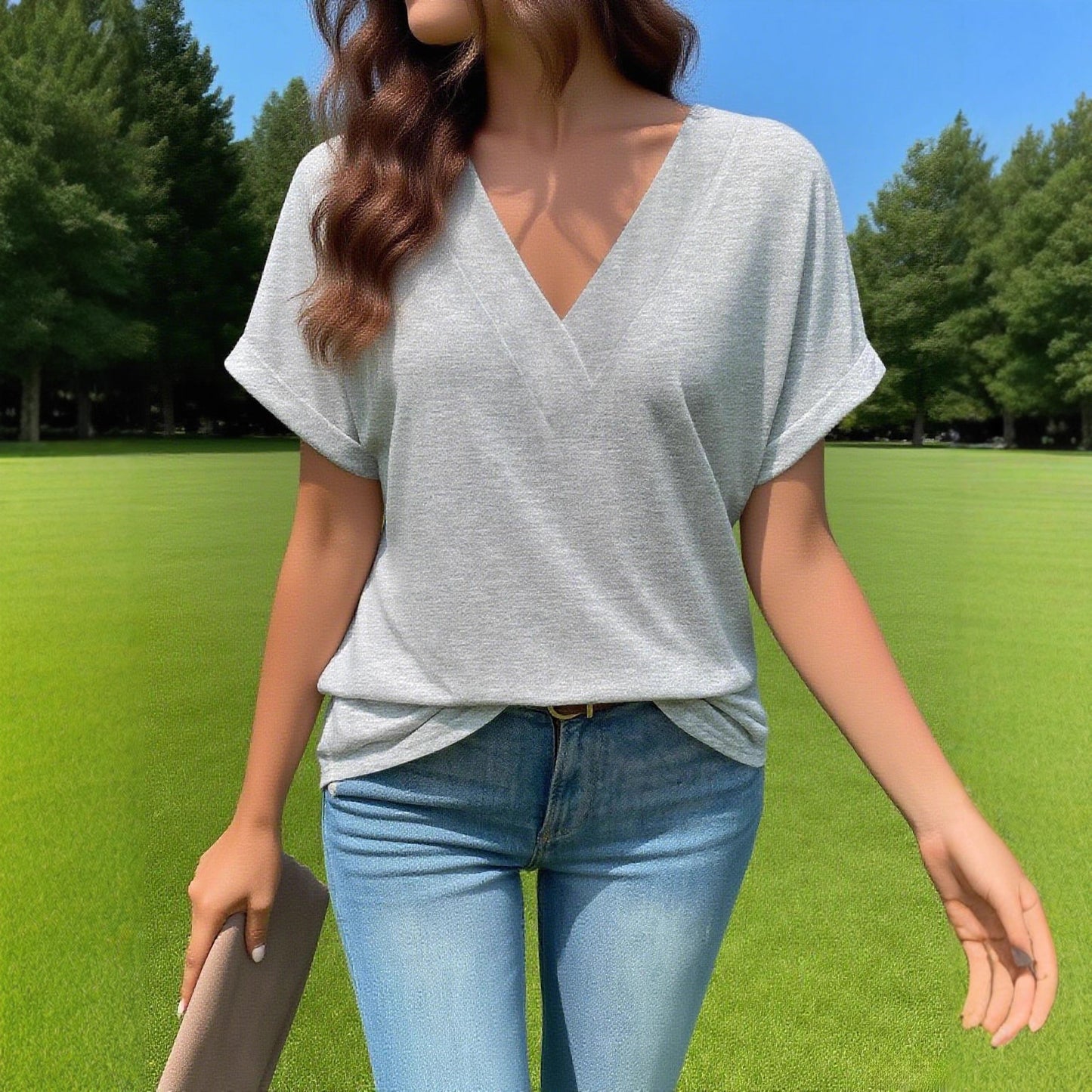 Women's Summer Casual Collar Solid Color Simple Sleeve Curling Loose Women's T-shirt