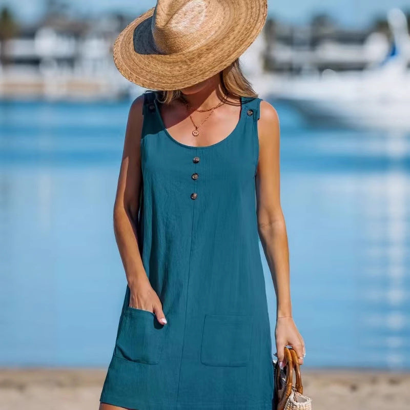 Pocket Button Beach Vacation Style Loose Dress