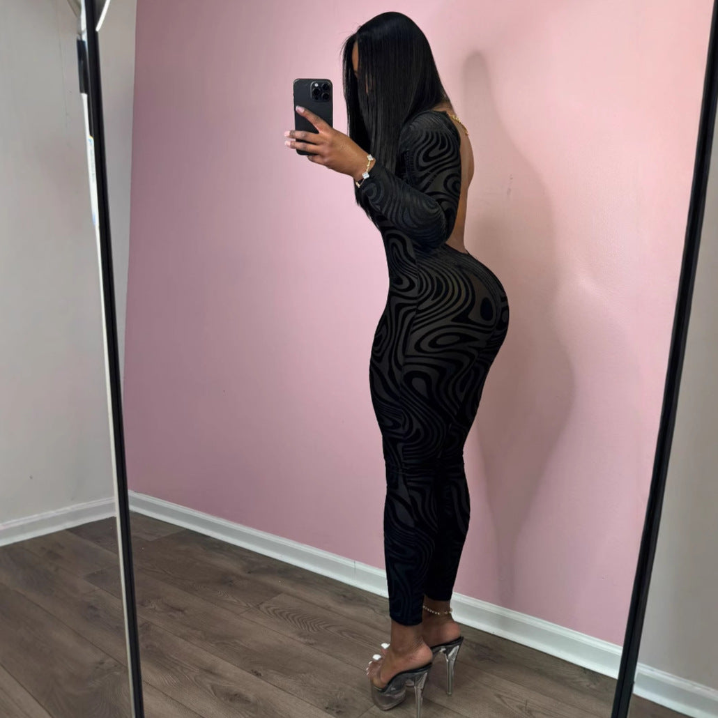 Women's Temperament Printed Sexy Big Backless Tight Women's Jumpsuit/clothing