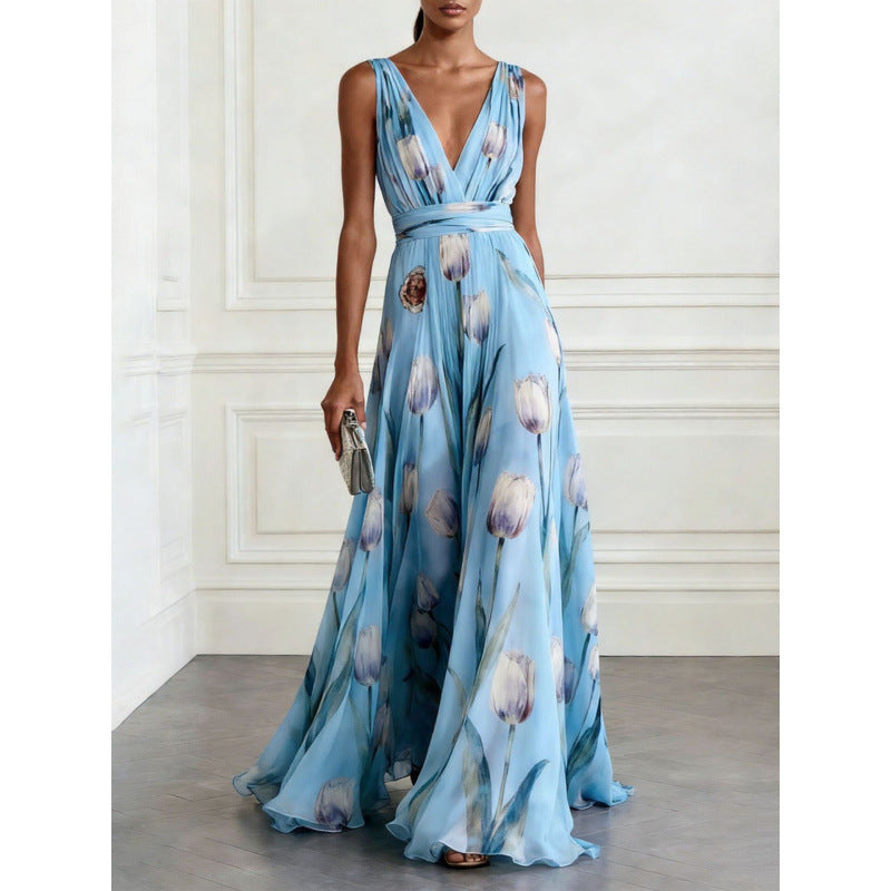 Women's Tulip Print Sleeveless Chiffon Maxi Dress