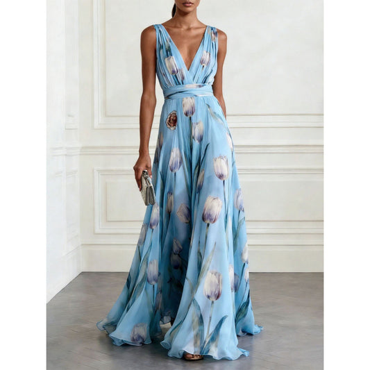 Women's Tulip Print Sleeveless Chiffon Maxi Dress