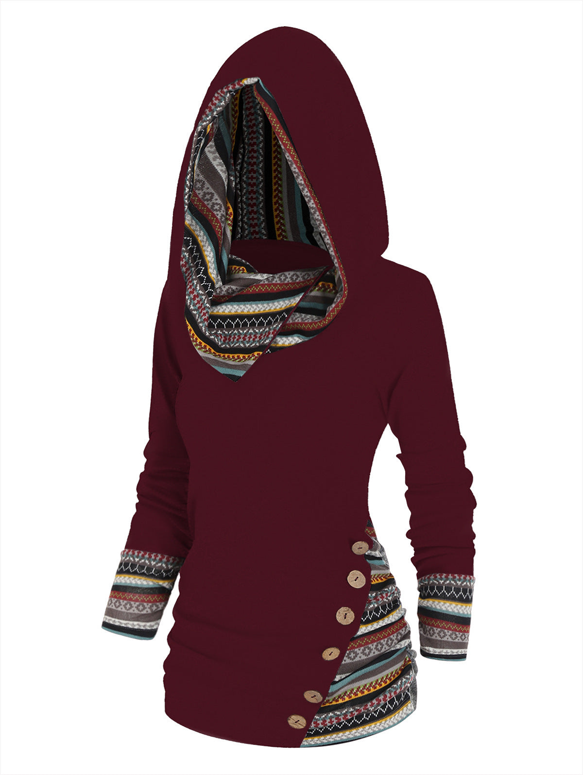 Women's Striped Stitching Hooded Knitted Long Sleeve Button Sweaters