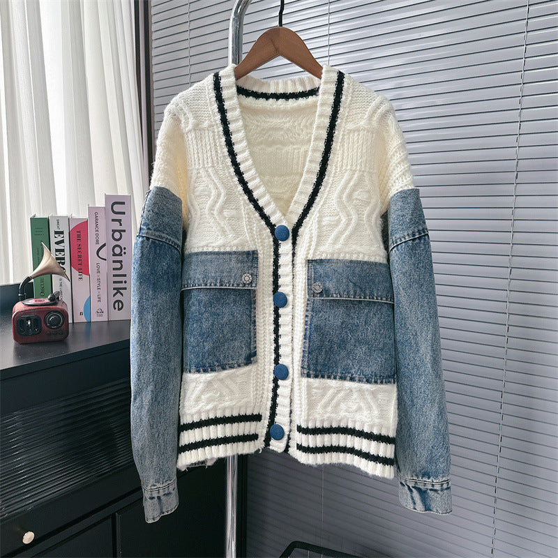 Women's Denim Patchwork Knitting Clothes Thickening Leisure Knitwear