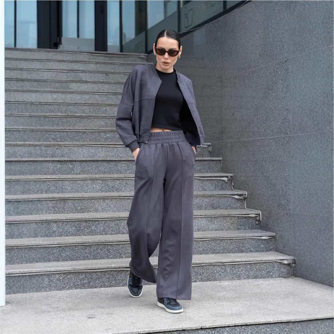 Women's Casual Solid Color Zipper Elastic Two-piece Suits