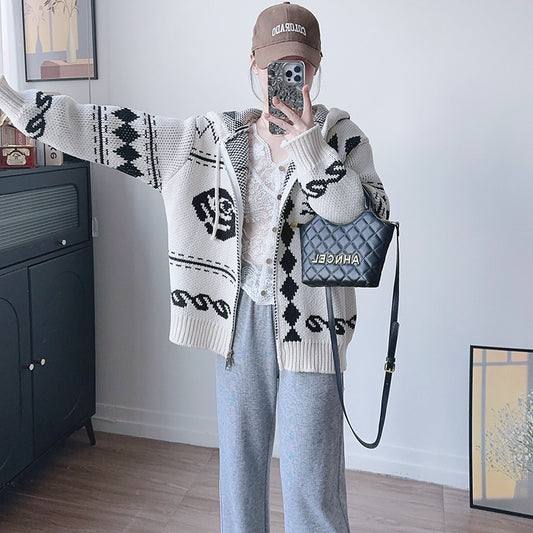 Women's Hooded Elk Jacquard Loose Lazy Style Knitwear