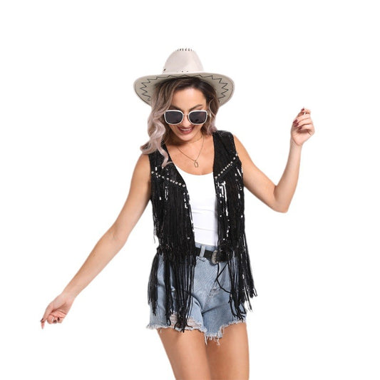 Women's Sleeveless Sequined Western Denim Style For Vests