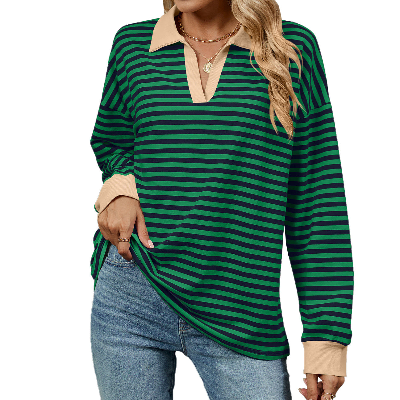 Women's Color Lapels Loose Long Sleeve Striped Women's Sweater, Sweater