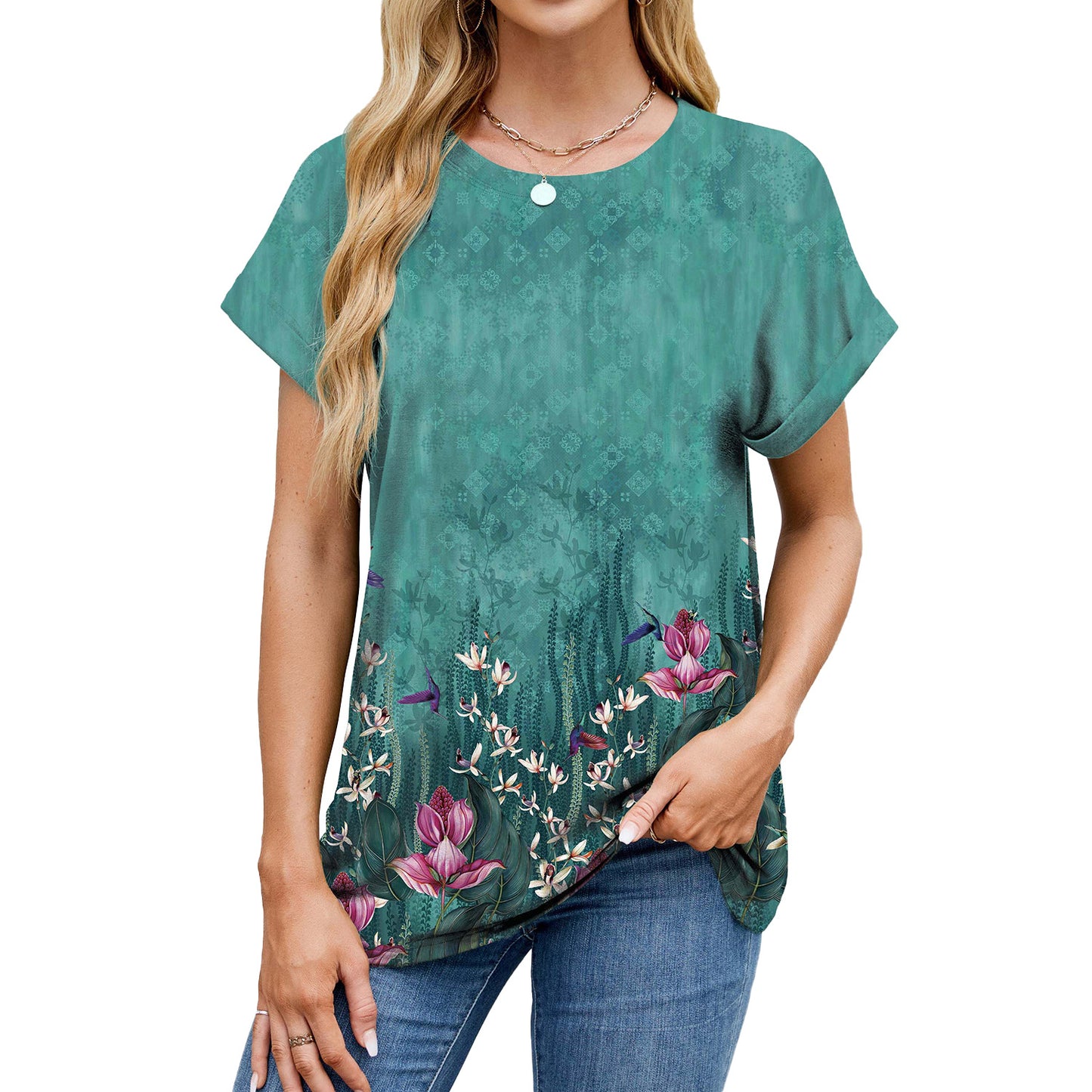 Women's Summer Printed Round Neck Loose Sleeves Women's T-shirt