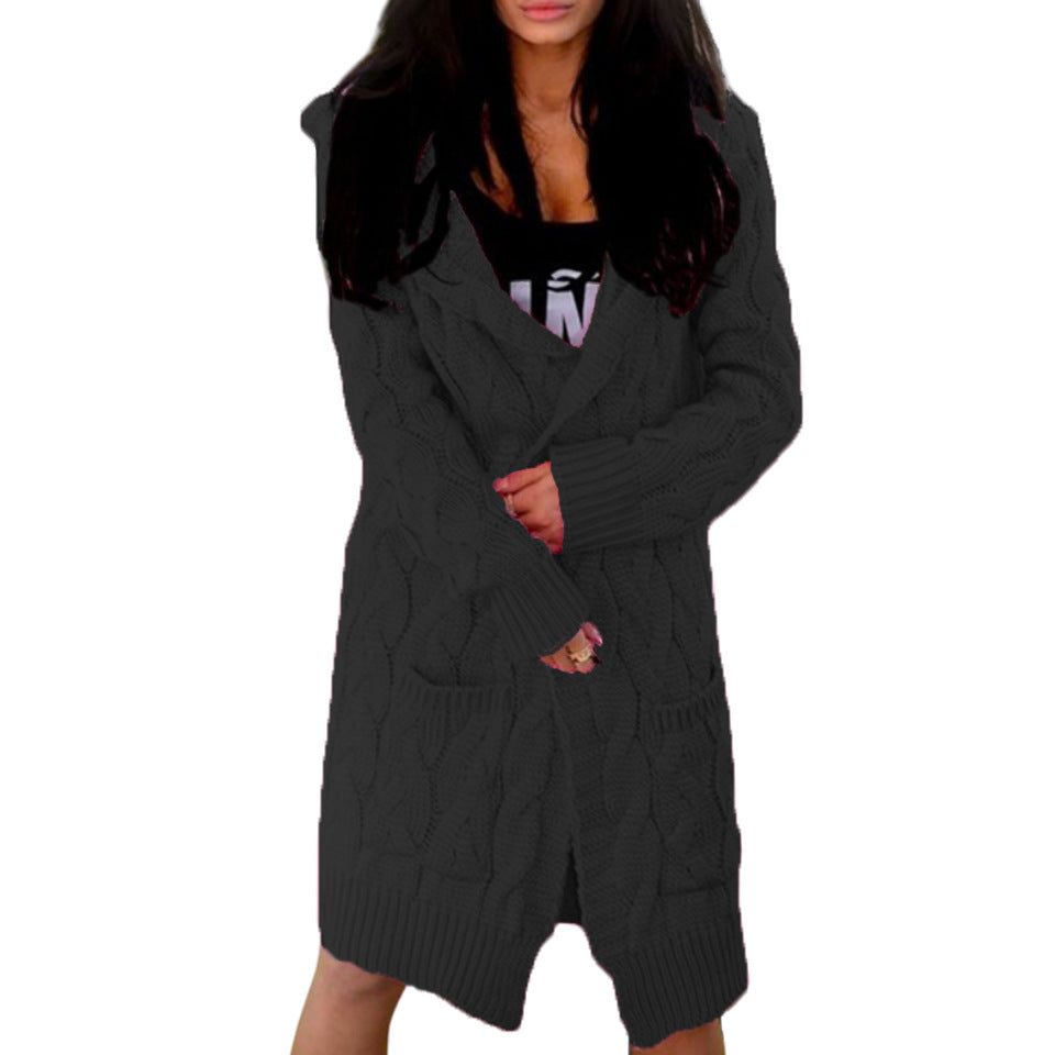 Women's Long Thick Thread Knitted Hooded Double Knitwear