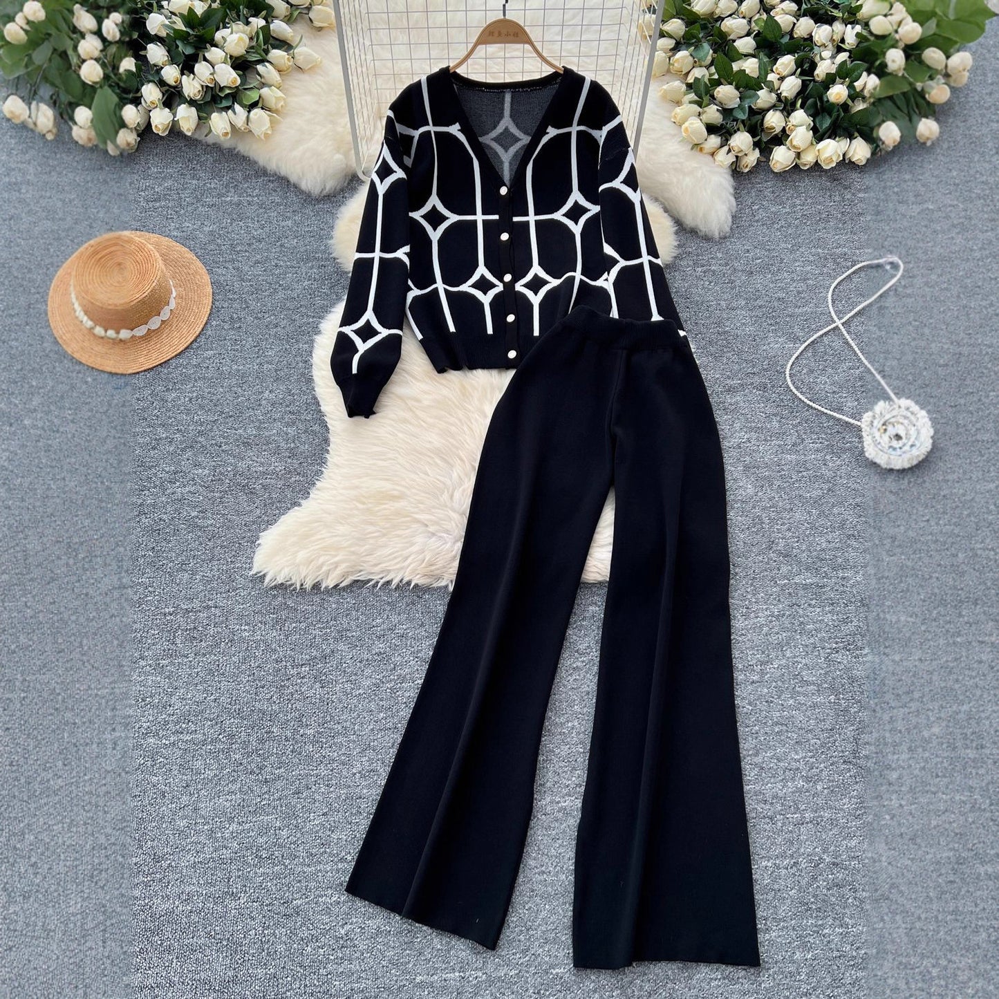 Women's Fashion Stitching Two-piece Contrast Color Long Suits