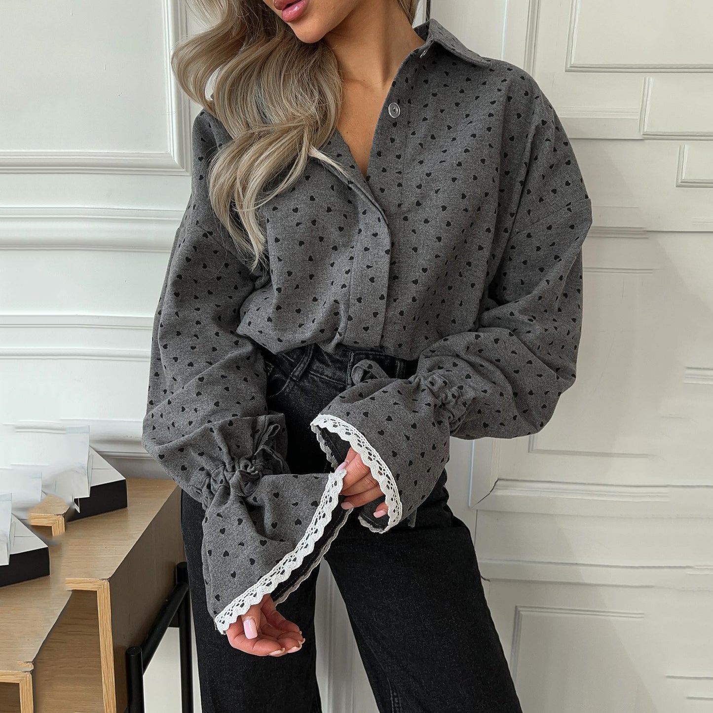 Women's Loose Polka Dot Cuff Lace Shirt Sweet Blouses