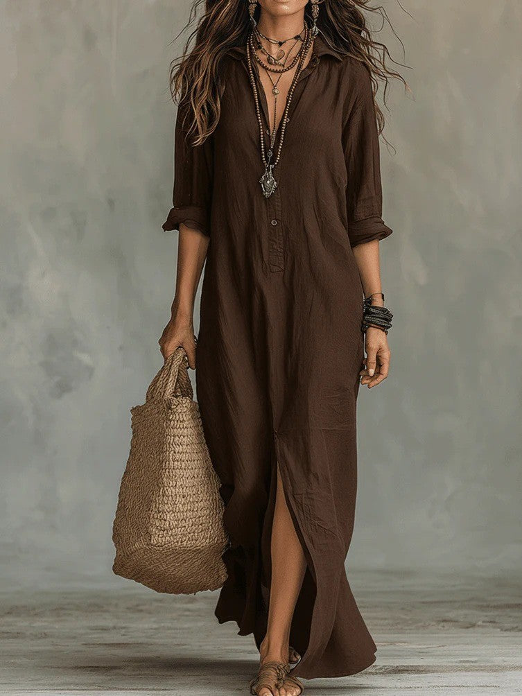 Shirt Collar Floor Casual Slit Long Dress