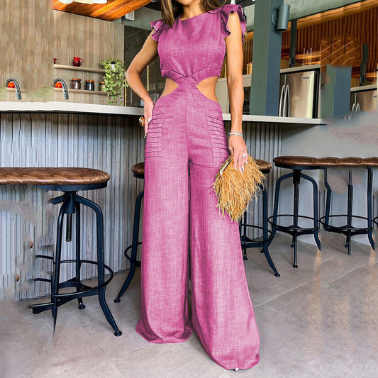 Summer Round Neck Ruffled Loose Trousers Jumpsuits