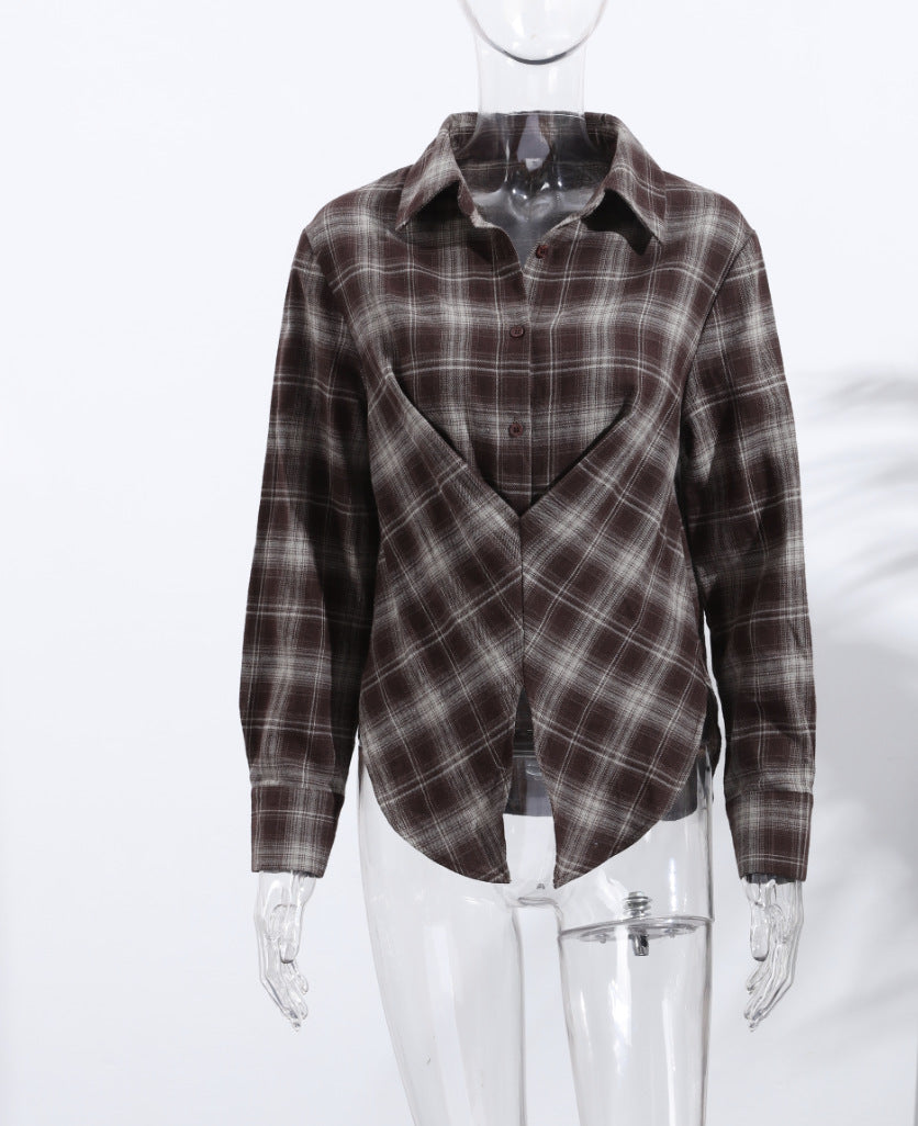 Women's Lapel Slimming Long Sleeve Button Plaid Blouses