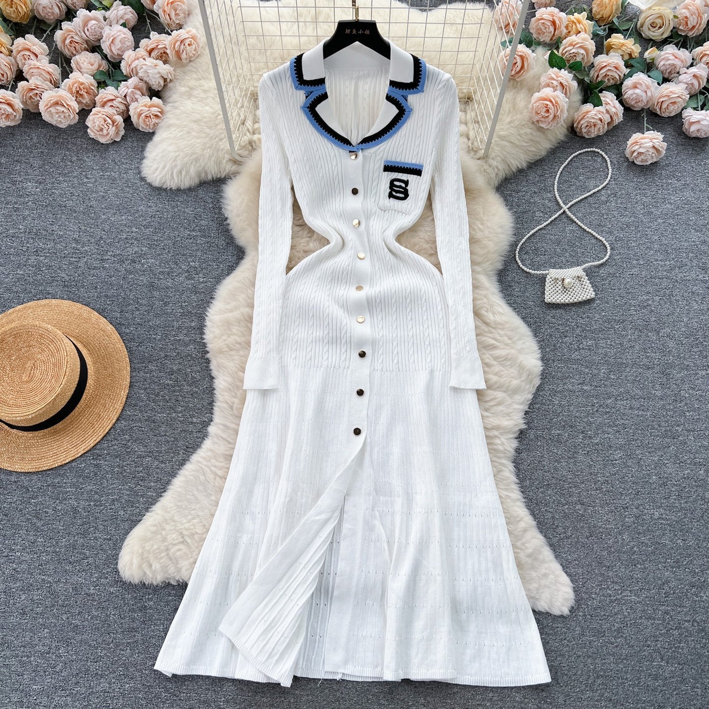 Contrast Color Lapels Knitted Dress Letter Dresses