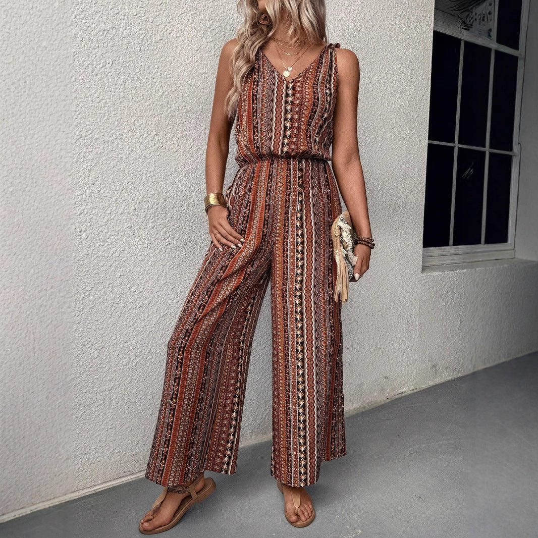 Casual Striped Printed Suspender Elastic Waist Jumpsuits