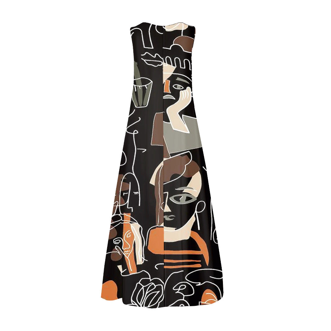 Women's Round Neck Printed Sleeveless Large Long Dress