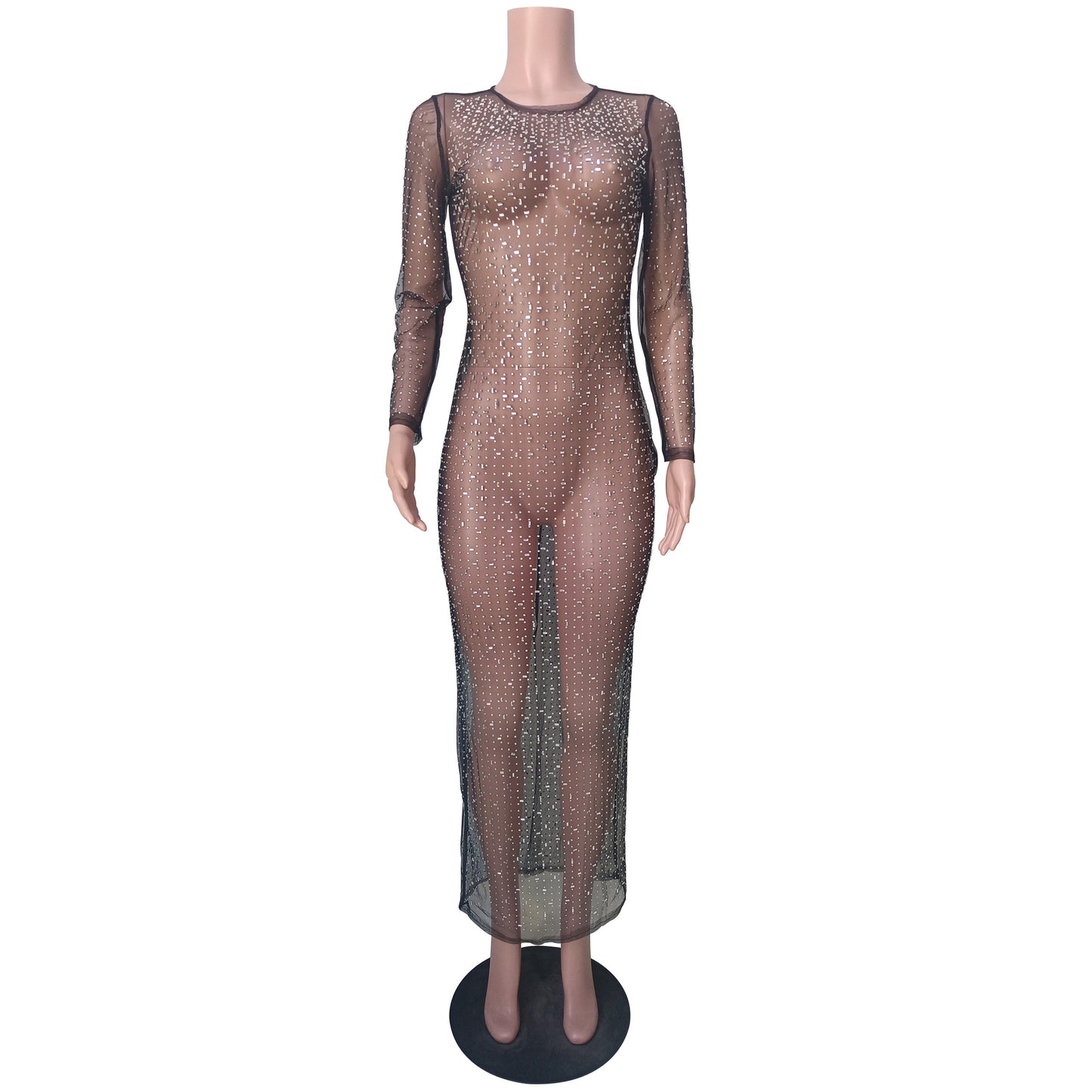 Fashion Sexy Rhinestone Mesh Long Sleeve Dresses