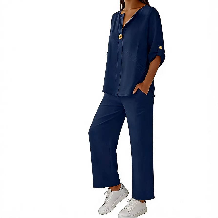 Women's Two-piece Simple Solid Color Sleeve Trousers Fashion Casual Suit