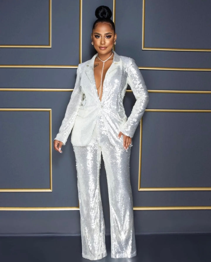 Women's Summer Long-sleeved Collar Bright Piece Two-piece Jumpsuits